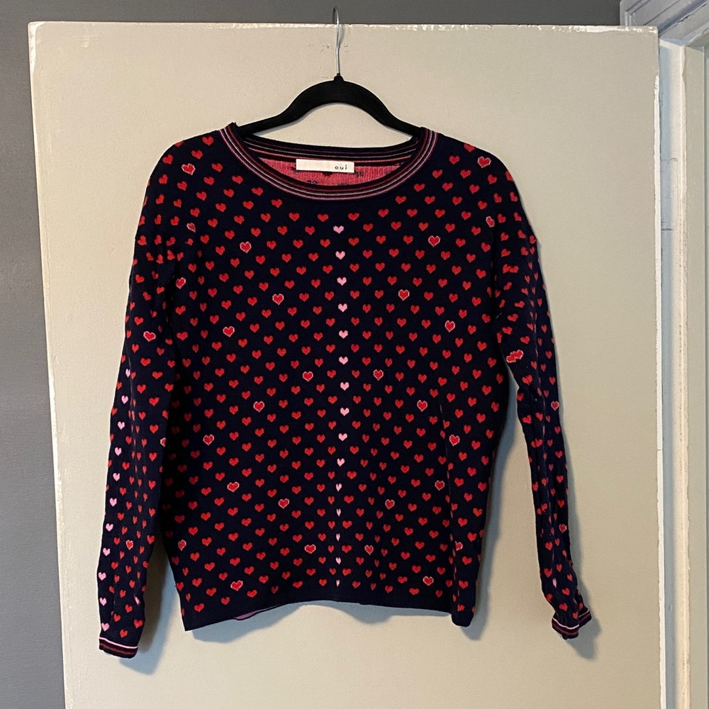 Navy blue, Red and pink Crew Neck Sweater with Playful heart shapes